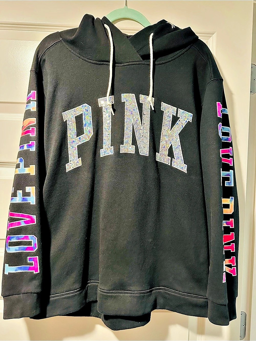 PINK Sequin Logo Hoodie in Black Like New